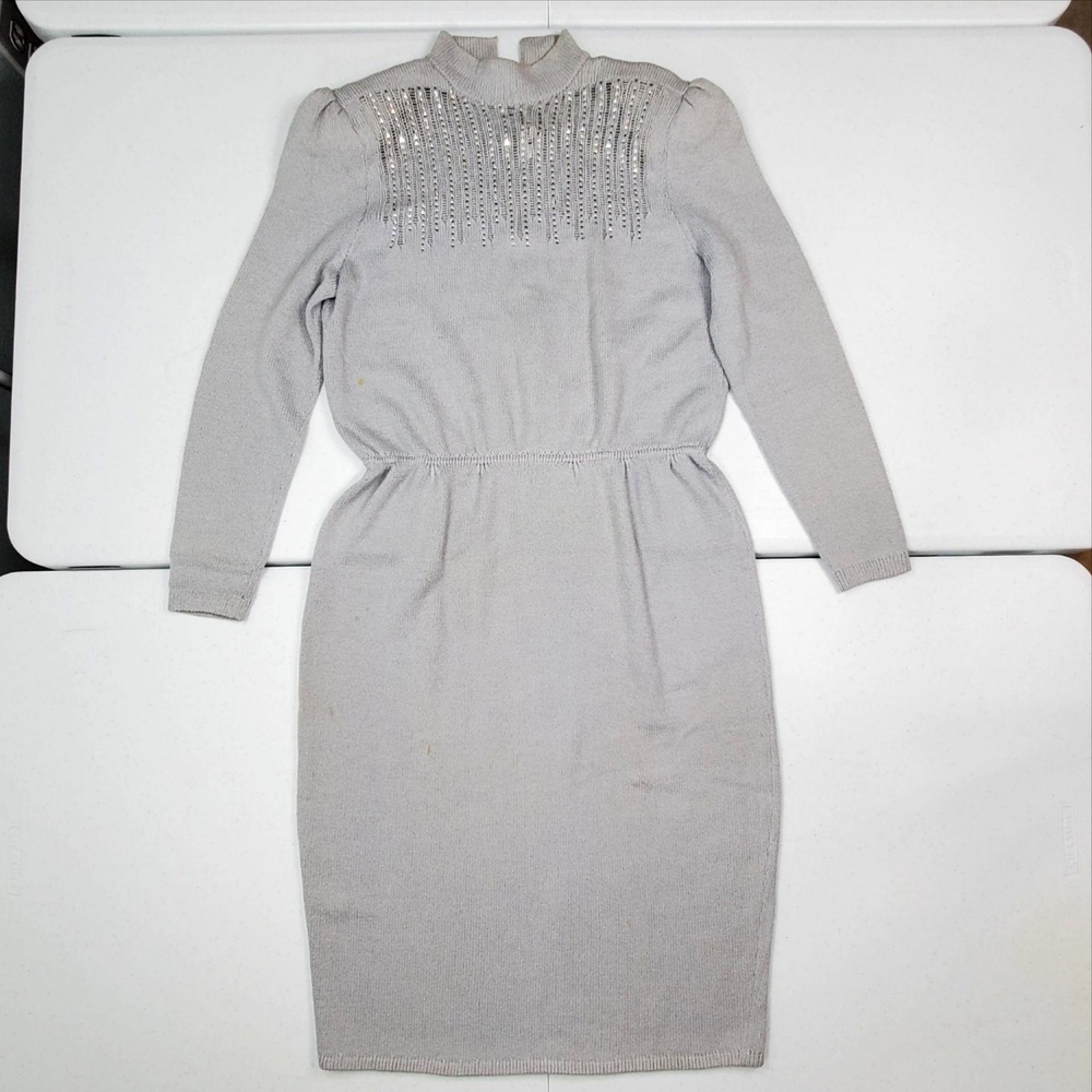 Vintage/Stained St. John By Marie Gray Sweater Dress 10 Gray Rhinestone Knit